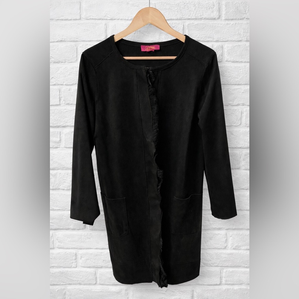 Catherine Malandrino Black Open Front Jacket Cardigan | Minimalist Pocket Coat